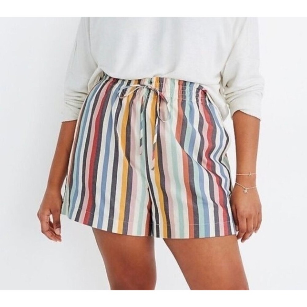 Madewell Smocked Waist Pull On Shorts XS Cotton Linen Beach Boho Rainbow Striped